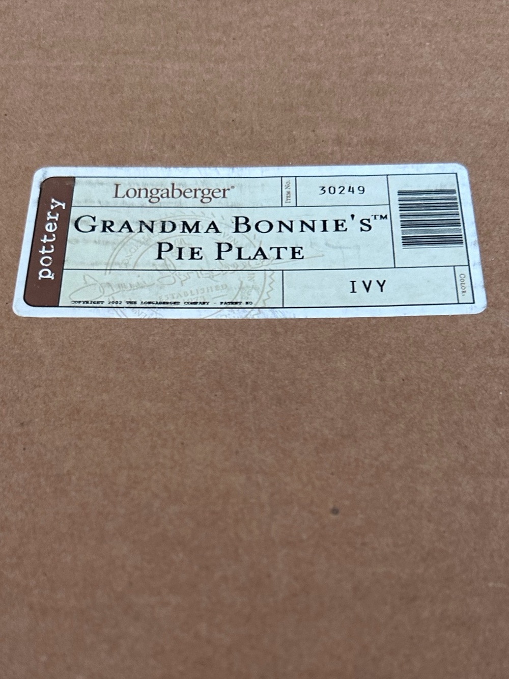 Longaberger Pottery Grandma Bonnie’s Pie Plate - Ivy - brand new - Picture 4 of 4